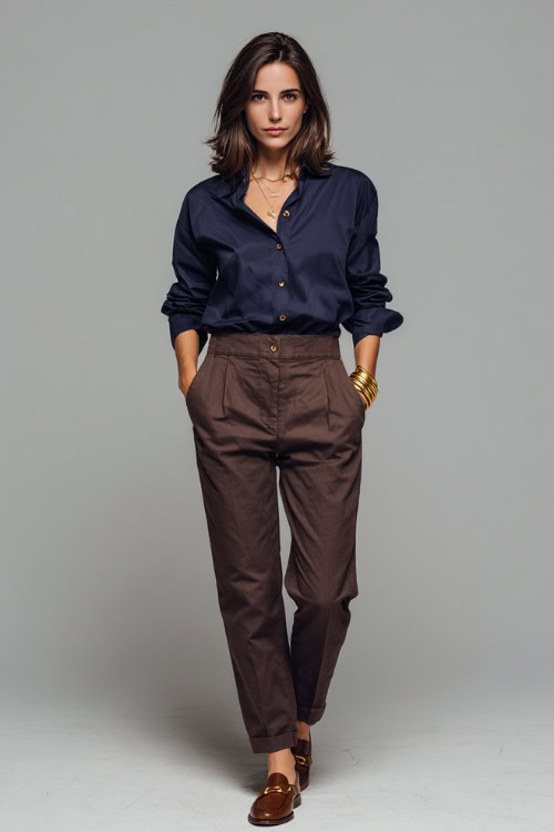 Woman in dark brown straight-leg pants with a tucked-in collared navy shirt and gold bracelet, styled with brown loafers, standing full-body in a minimalist studio background 