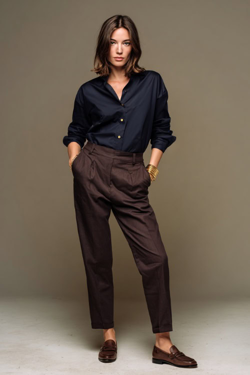 Woman in dark brown straight-leg pants with a tucked-in collared navy shirt and gold bracelet, styled with brown loafers, standing full-body in a minimalist studio background 