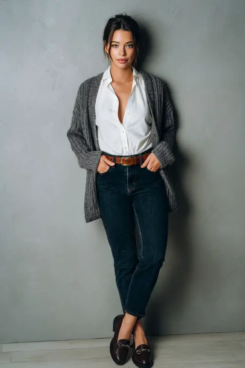 Woman in dark denim jeans with a soft gray cardigan over a white blouse, finished with a thin leather belt and loafers, full-body in neutral-toned studio 