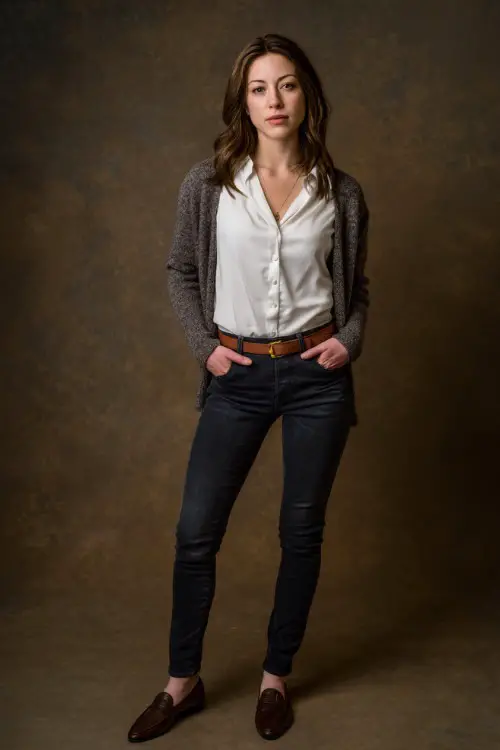 Woman in dark denim jeans with a soft gray cardigan over a white blouse, finished with a thin leather belt and loafers, full-body in neutral-toned studio