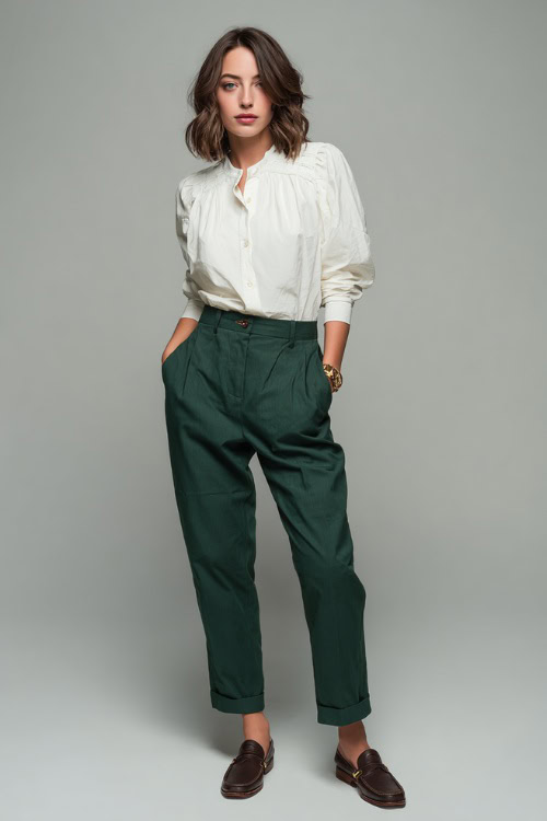 Woman in dark green high-waisted trousers and a white mock-neck blouse with subtle ruffle detail, paired with loafers and a vintage watch, clean studio background 