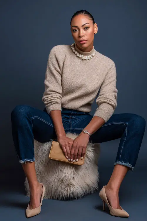 Woman in dark-wash denim and a beige wool sweater with pearl buttons, accessorized with tan pointed flats and a clutch, clean studio lighting 