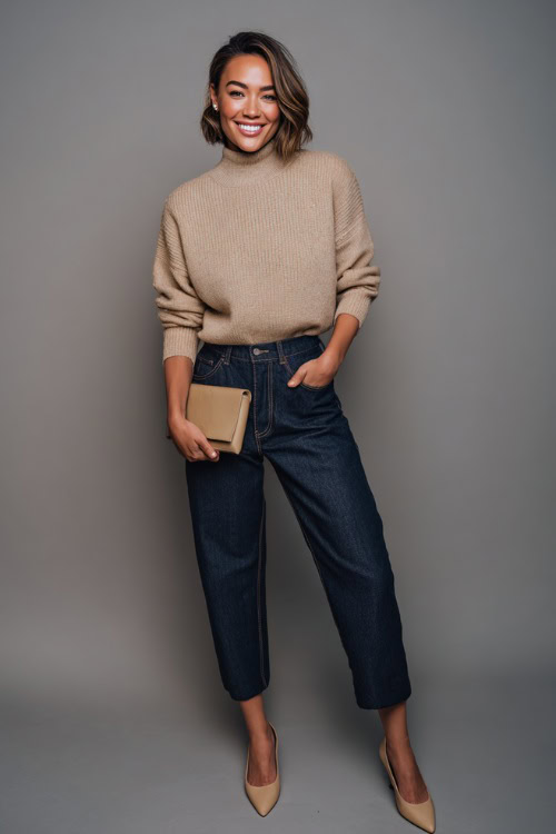 Woman in dark-wash denim and a beige wool sweater with pearl buttons, accessorized with tan pointed flats and a clutch, clean studio lighting 
