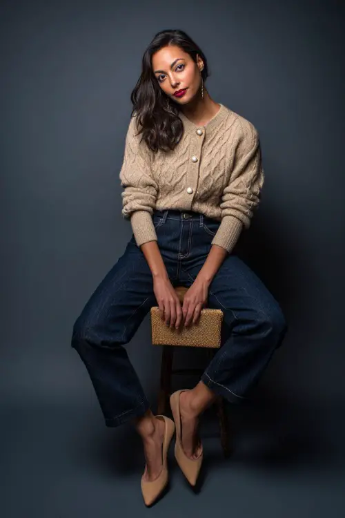 Woman in dark-wash denim and a beige wool sweater with pearl buttons, accessorized with tan pointed flats and a clutch, clean studio lighting