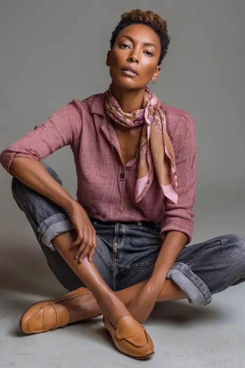 Woman in fitted high-rise jeans with a tucked-in dusty rose knit top, silk scarf around her neck, tan loafers and pearl studs