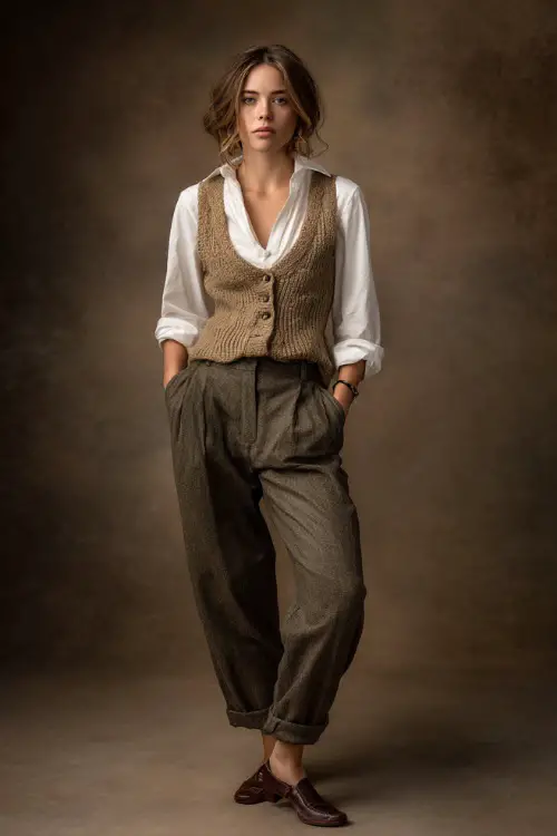 Woman in gray trousers and a white oxford shirt with a beige knit vest layered over it, brown flats, and vintage accessories, posed in a soft-light studio 