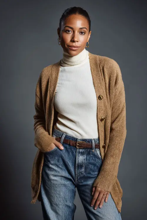 Woman in light-wash jeans with a tucked-in white turtleneck, navy cardigan with gold buttons, tan accessories, full-body studio setup