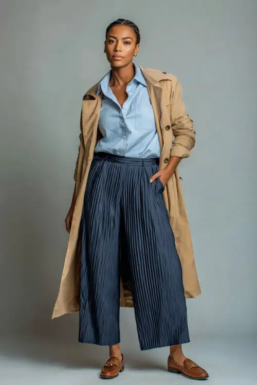 Woman in pleated navy wide-leg pants, a light blue button-up shirt, and a camel trench coat draped over her shoulders, accessorized with loafers and pearl studs 