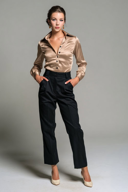 Woman in tailored black pants with a tucked-in taupe satin blouse, wearing cream flats and vintage-style earrings, full-body in a light-toned studio