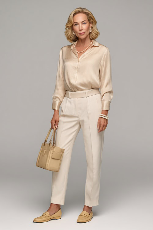 Woman in tailored cream trousers with a beige silk blouse and matching loafers, accessorized with a top-handle bag and pearl bracelet, full-body in light studio