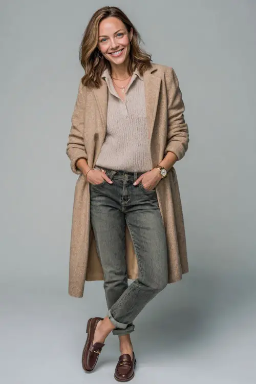 Woman in tailored jeans with a collared knit top in soft taupe and a tan wool coat, accessorized with a vintage wristwatch and loafers, clean studio shot