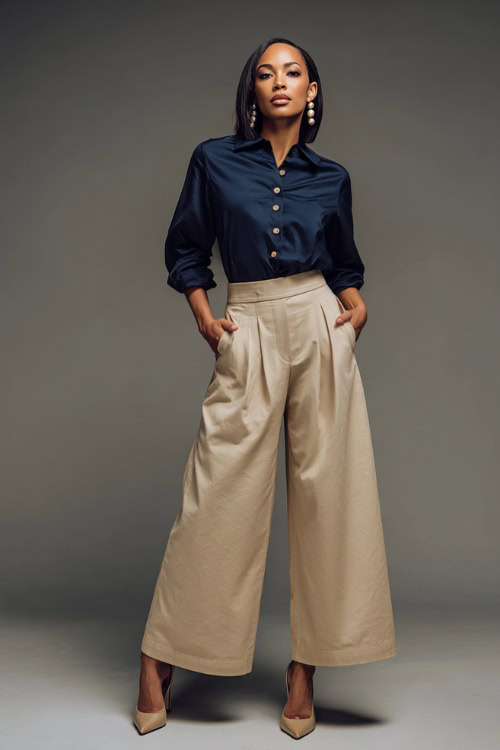 Woman in wide-leg beige pants with a tucked-in navy blouse and vintage earrings, paired with slingback heels, neutral studio background 