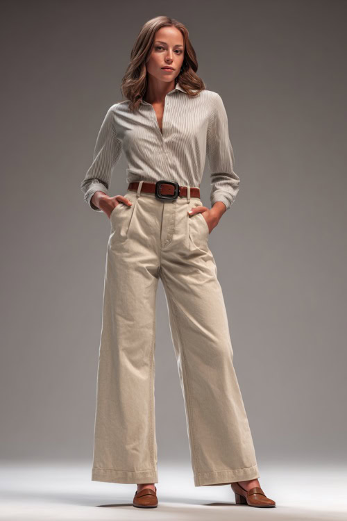 Woman in wide-leg high-rise beige pants with a light gray long-sleeve blouse, classic belt and brown heeled loafers, neutral studio 