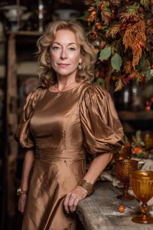 Woman over 50 in a bronze tea-length dress with puffed sleeves and defined waist, standing by a rustic table setup with amber goblets and fall garlands
