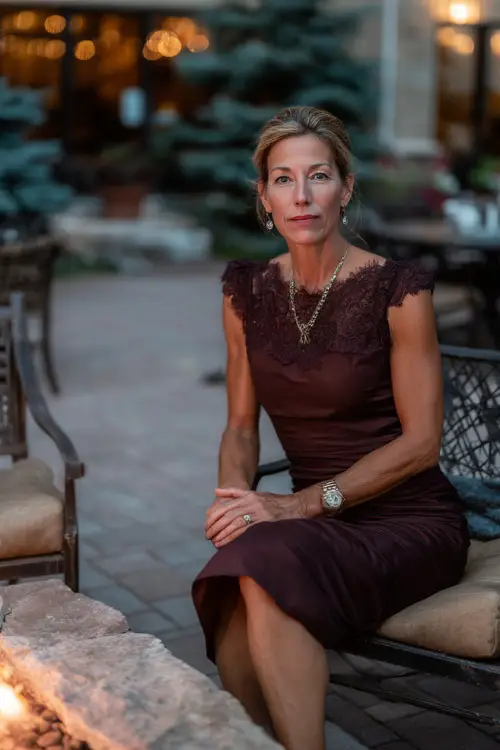 Woman over 50 in a dark burgundy dress with classic pencil silhouette and lace shoulders, posing near a fire-lit patio at an upscale outdoor wedding 