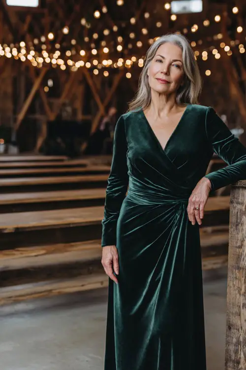 Woman over 50 in a dark green velvet floor-length gown with V-neck and long sleeves, standing near a wooden ceremony stage draped in string lights 