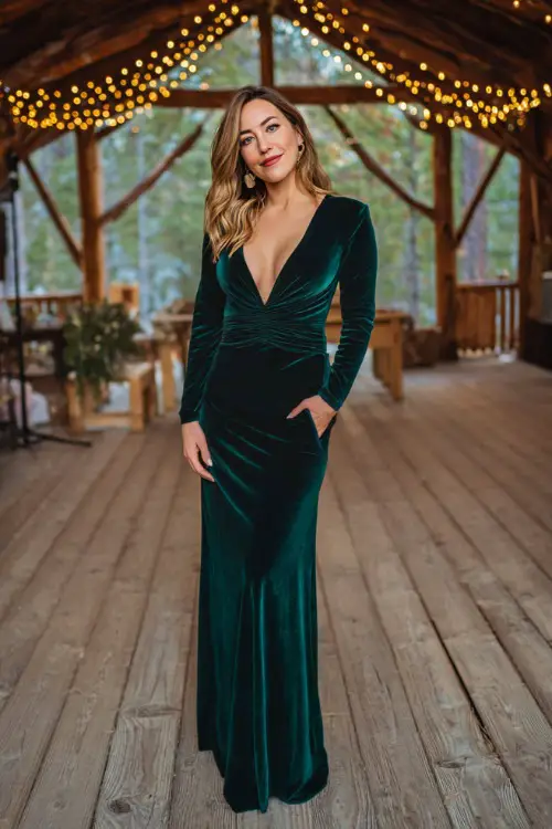Woman over 50 in a dark green velvet floor-length gown with V-neck and long sleeves, standing near a wooden ceremony stage draped in string lights 