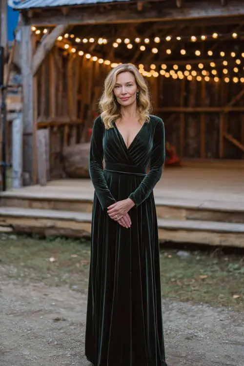 Woman over 50 in a dark green velvet floor-length gown with V-neck and long sleeves, standing near a wooden ceremony stage draped in string lights 