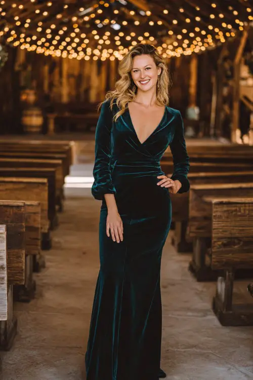 Woman over 50 in a dark green velvet floor-length gown with V-neck and long sleeves, standing near a wooden ceremony stage draped in string lights
