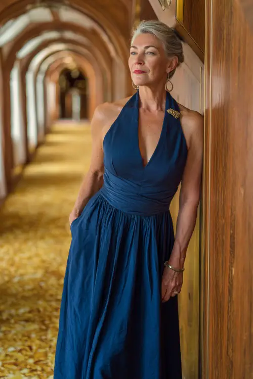 Woman over 50 in a deep sapphire blue A-line dress with pleated skirt and elegant brooch detail at the shoulder, posing beside a wooden archway and golden leaf carpet 