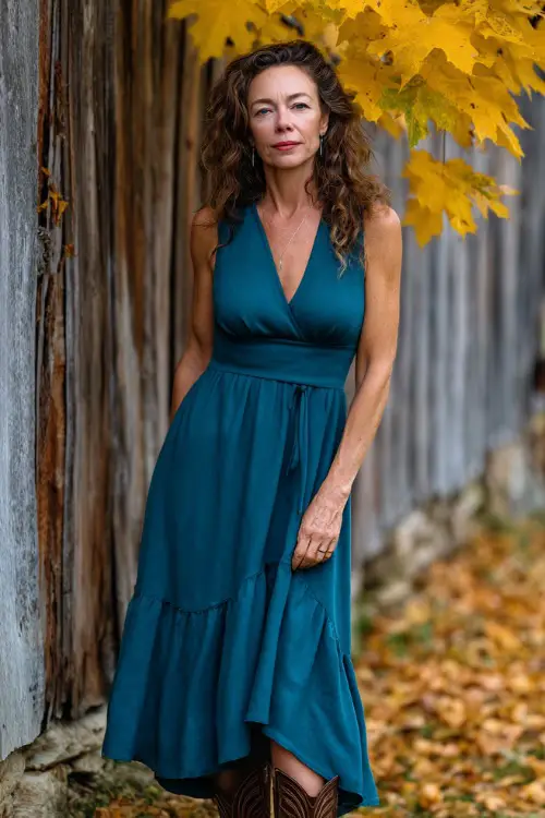Woman over 50 in a deep teal crepe midi dress with subtle ruffle hem and soft neckline, standing near a barn with scattered yellow leaves