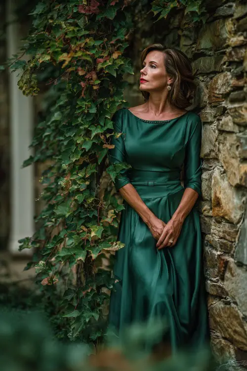 Woman over 50 in a forest green gown with jewel neckline and sheer sleeves, standing beside a romantic stone wall covered in ivy and early fall leaves 