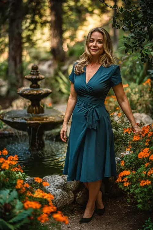 Woman over 50 in a forest green midi wrap dress with short sleeves and belted waist, standing near a small fountain surrounded by orange flowers 