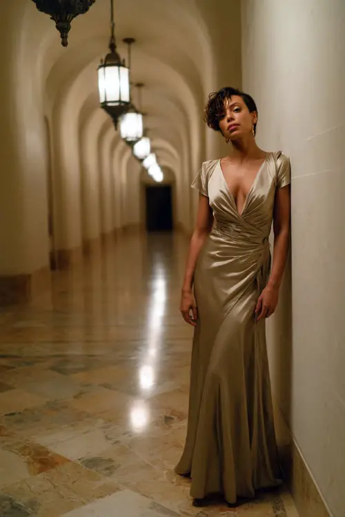 Woman over 50 in a light bronze satin gown with cap sleeves and flowy silhouette, posing in a candlelit corridor with hanging lights, full body visible