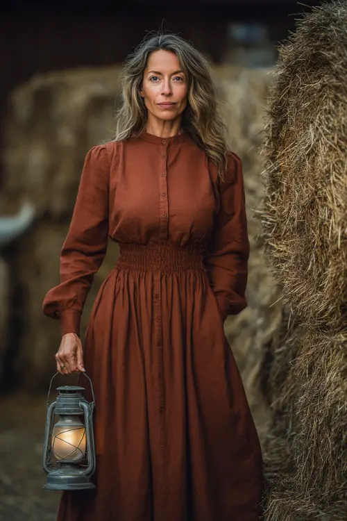 Woman over 50 in a long-sleeve dark rust midi dress with gathered waist and bateau neckline, standing beside vintage lanterns and hay bales, full body visible