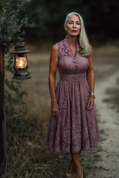 Woman over 50 in a mauve tea-length dress with lace overlay and modest neckline, standing near a vintage lantern-lit path at an outdoor wedding