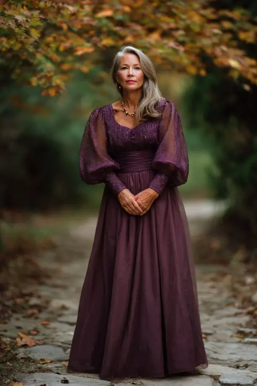 Woman over 50 in a plum fit-and-flare gown with sheer bishop sleeves and a subtle shimmer, standing on a stone path surrounded by crisp October leaves 