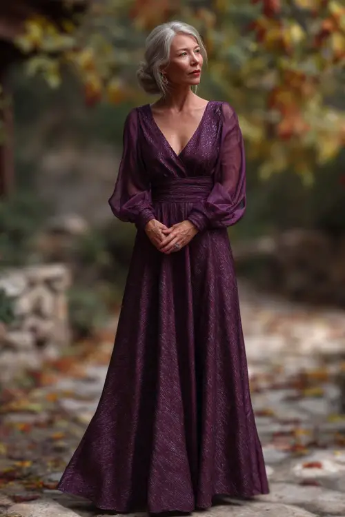 Woman over 50 in a plum fit-and-flare gown with sheer bishop sleeves and a subtle shimmer, standing on a stone path surrounded by crisp October leaves 