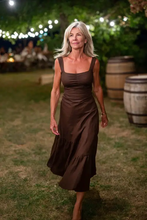 Woman over 50 in a rich mocha-colored midi dress with flared skirt and square neckline, walking across an open lawn with string lights and rustic barrels