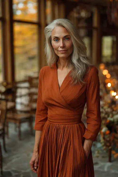 Woman over 50 in a rust midi dress with pleated skirt and quarter sleeves, standing near a candlelit reception area with wooden chairs and fall foliage 