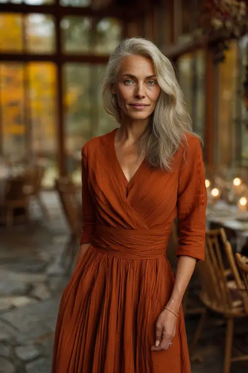 Woman over 50 in a rust midi dress with pleated skirt and quarter sleeves, standing near a candlelit reception area with wooden chairs and fall foliage 