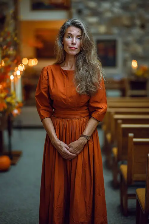 Woman over 50 in a rust midi dress with pleated skirt and quarter sleeves, standing near a candlelit reception area with wooden chairs and fall foliage