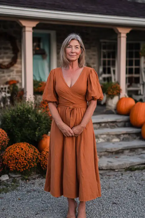 Woman over 50 in a rust orange midi dress with flutter sleeves and a belted waist, standing in front of a farmhouse venue with pumpkins and early fall décor 