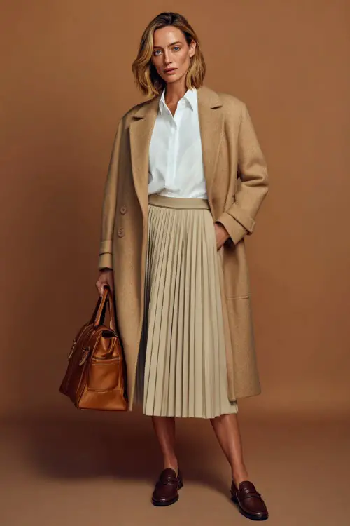 Woman wearing a beige wool coat over a white button-down shirt and pleated midi skirt, styled with loafers and a leather handbag, full-body in a warm-toned studio 