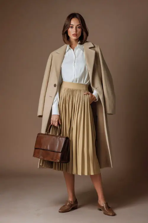 Woman wearing a beige wool coat over a white button-down shirt and pleated midi skirt, styled with loafers and a leather handbag, full-body in a warm-toned studio