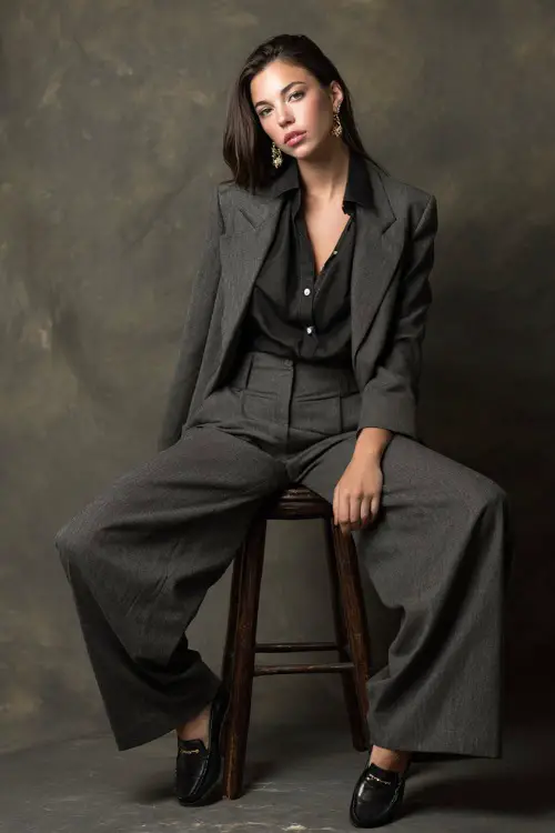 Woman wearing a charcoal gray wide-leg pantsuit with a buttoned blouse, vintage earrings, and loafers, full-body in a classic studio setup 