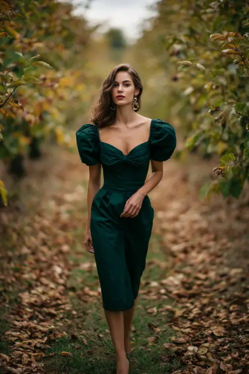 Woman wearing a dark emerald midi dress with structured shoulders and elegant neckline, standing beside an orchard aisle covered in early October leaves