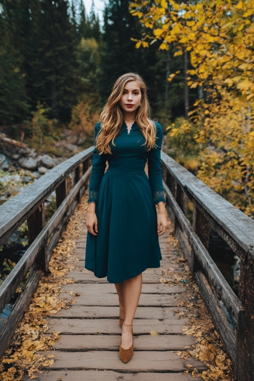 Woman wearing a dark teal A-line midi dress with long sleeves, lace neckline, and suede block heels, standing on a wooden bridge covered in golden leaves at a cozy October wedding in the forest 