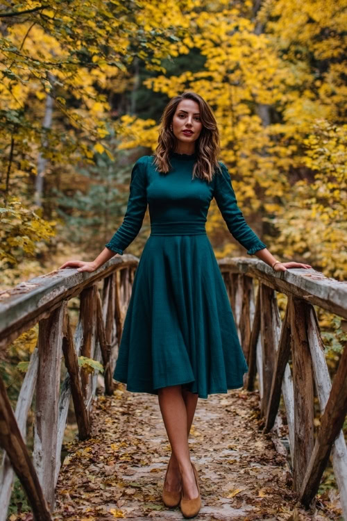 Woman wearing a dark teal A-line midi dress with long sleeves, lace neckline, and suede block heels, standing on a wooden bridge covered in golden leaves at a cozy October wedding in the forest