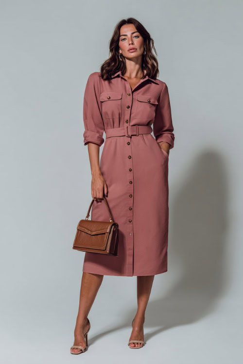 Woman wearing a dusty rose belted midi dress with button detailing and a structured handbag, standing full-body in a minimalist studio 