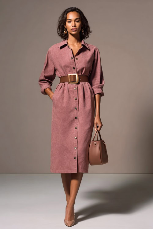 Woman wearing a dusty rose belted midi dress with button detailing and a structured handbag, standing full-body in a minimalist studio