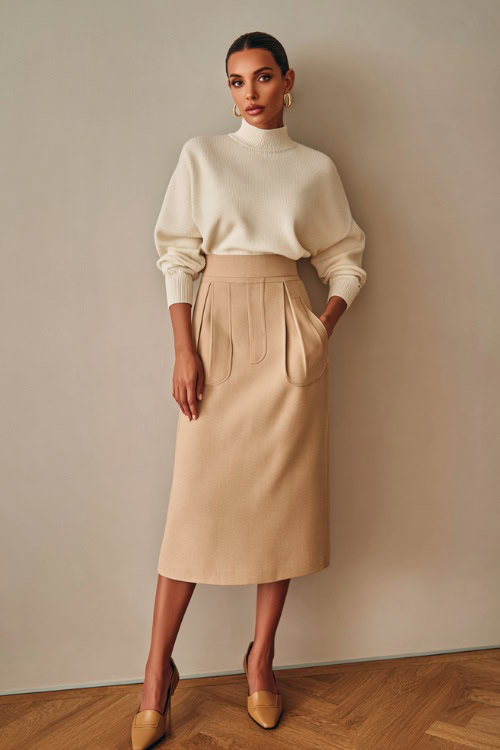 Woman wearing a high-waisted beige wool midi skirt with a tucked-in ivory cashmere sweater, paired with tan loafers and pearl earrings, full-body in a soft studio background