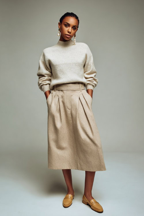 Woman wearing a high-waisted beige wool midi skirt with a tucked-in ivory cashmere sweater, paired with tan loafers and pearl earrings