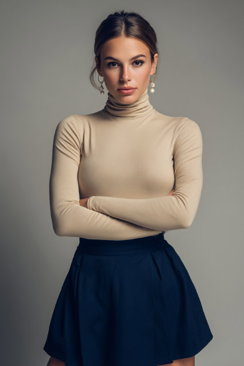Woman wearing a high-waisted pleated navy skirt with a soft beige turtleneck and pearl drop earrings, standing confidently in a clean studio background