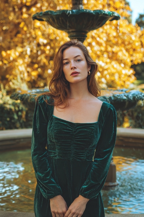 Woman wearing a long sleeve emerald green velvet midi dress with square neckline and subtle gathering at the waist, standing by a fountain surrounded by golden foliage 
