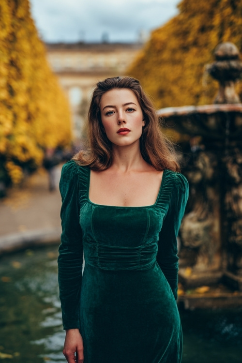 Woman wearing a long sleeve emerald green velvet midi dress with square neckline and subtle gathering at the waist, standing by a fountain surrounded by golden foliage